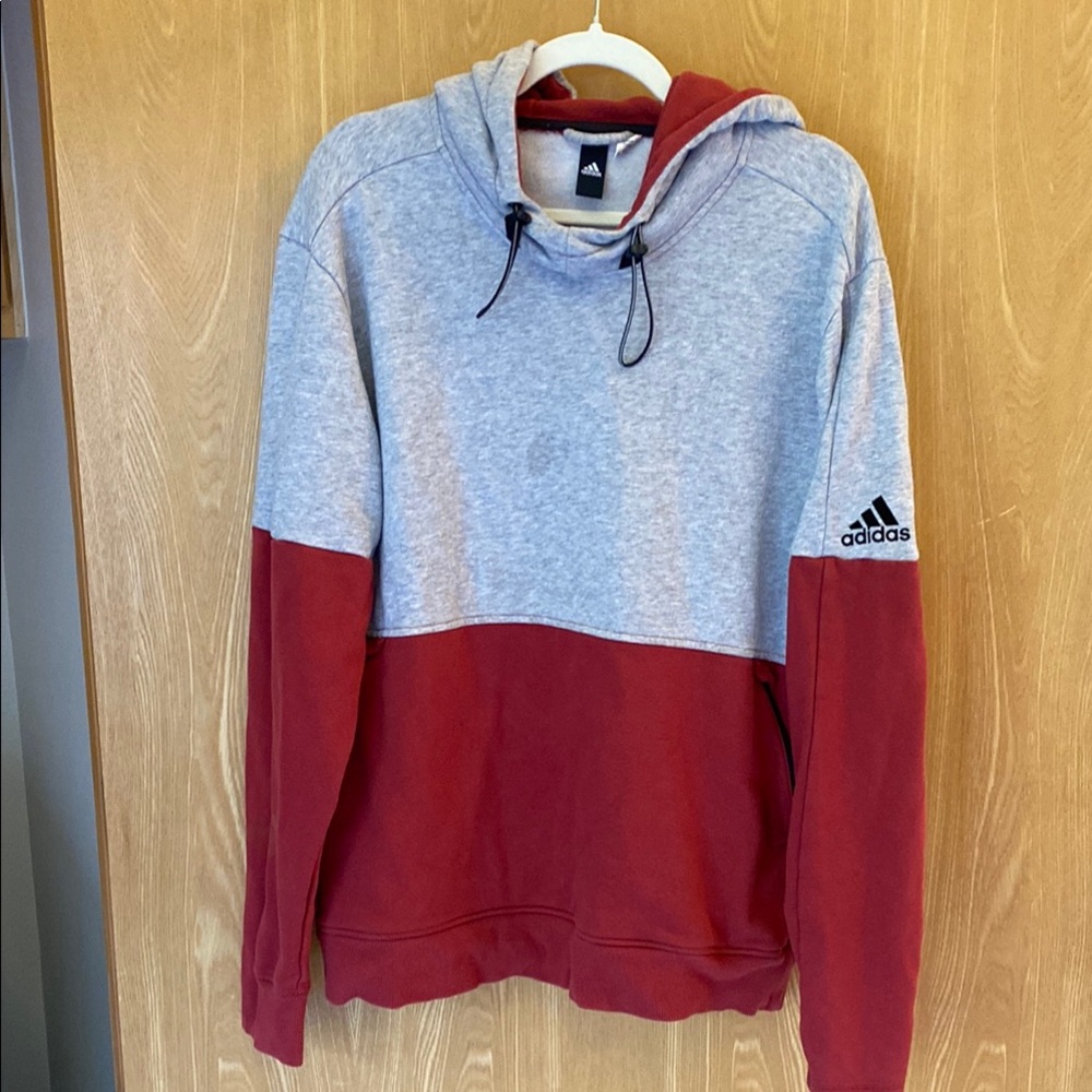 Adidas Red and Gray Color Block Hoodie